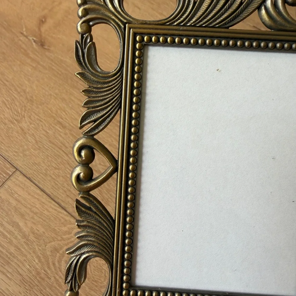 Vintage Ornate Brass Metal Double Picture Frame Heart Scrollwork 3x4.5